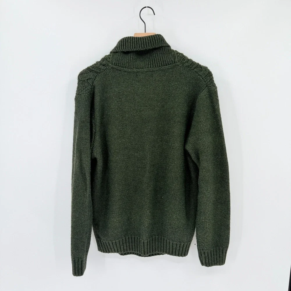 Dark Green Italian Fisherman Sweater L Shawl Collar Cable Knit Wool Blend Cozy